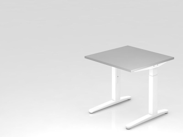 Bureau Hammerbacher pied C 80x80cm gris/blanc, coulisses en aluminium blanc, VXB08/5/WW