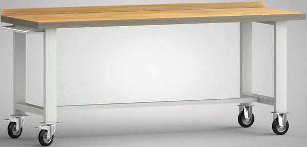 Etabli professionnel mobile KLW - 2000 x 700 x 845 mm L x l x H, avec plateau multiplex en hêtre 2000 x 700 x 45 mm, avec panneau arrière, WP800N-2000M45-X1890