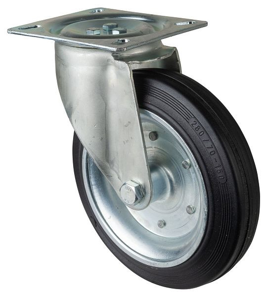 Rouleau de transport BS rollers, largeur de roue 70 mm, roue Ø 280 mm, capacité de charge 350 kg, caoutchouc noir, corps de roue jante en acier, roulement à rouleaux, platine, L400.B55.280