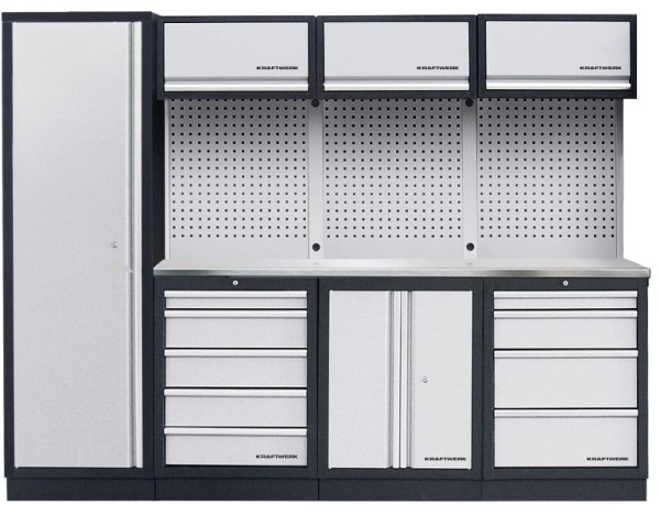 Kraftwerk MOBILIO Système d'armoires d'atelier à 4 éléments avec plan de travail en INOX inoxydable, avec paroi carrée perforée, 3964BIX
