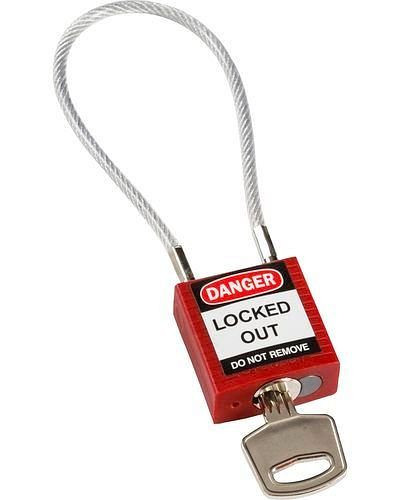 Serrure de sécurité compacte Brady, clé à division différente, avec support de câble 200 mm, rouge, 244333