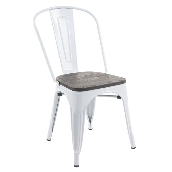 Chaise Mendler HWC-A73 avec siège en bois, chaise de bistrot, chaise empilable, design industriel en métal, empilable, blanc, 74894