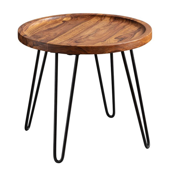 Table basse Wohnling en bois massif Sheesham 45x40x45 cm, ronde, avec pieds en épingle à cheveux, en bois et métal, WL5.961