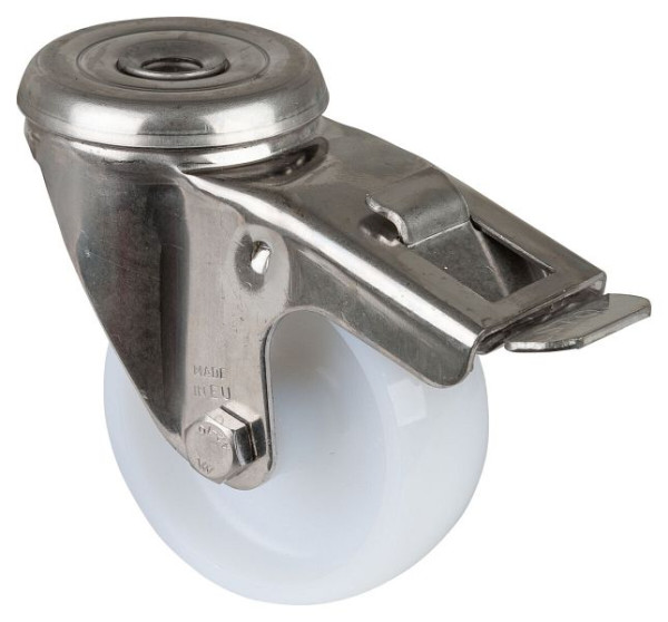 Rouleau de transport BS rollers en inox avec frein, largeur 30 mm, Ø80 mm, jusqu'à 100 kg, bande de roulement/corps de roue en plastique, palier lisse, H121.A90.080