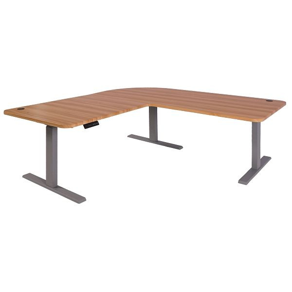 Bureau d'angle Mendler HWC-D40, bureau d'ordinateur, réglable en hauteur électriquement 178x178cm 84kg, décor chêne, gris, 75754+62772