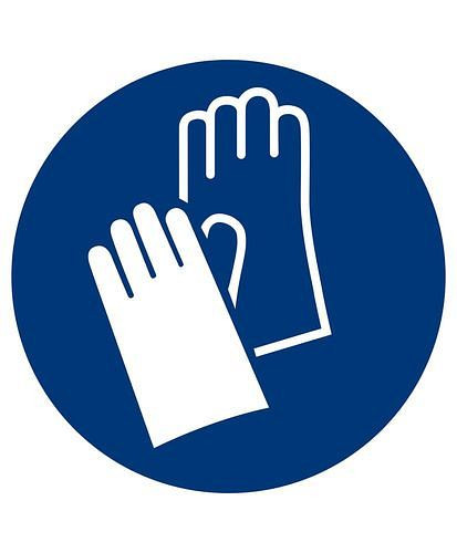 Panneau obligatoire DENIOS "Utiliser des gants", ISO 7010, film, autocollant, 50 mm, pack : 10 feuilles de 6 pièces, 285087