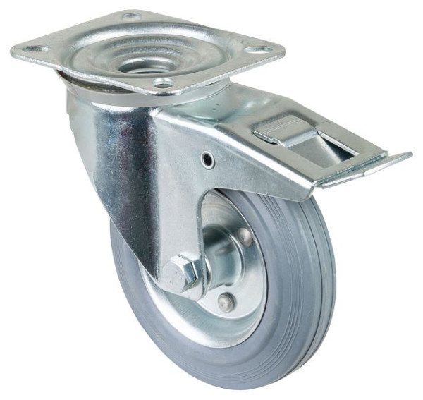 Rouleau de transport BS rollers avec frein, largeur 40 mm, Ø160 mm, jusqu'à 135 kg, bande de roulement en caoutchouc gris, corps de roue jante en acier, roulement à rouleaux, platine, L420.B56.160