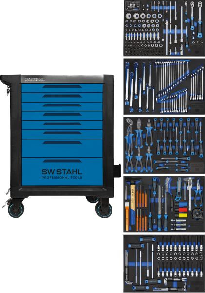 Chariot d'atelier professionnel SW-Stahl TT801, bleu, équipé, 341 pièces, Z3110