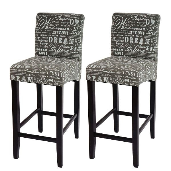 Ensemble de 2 tabourets de bar Mendler HWC-C33, tabouret de bar, bois, lettrage, gris, pieds foncés, tissu/textile, 33719