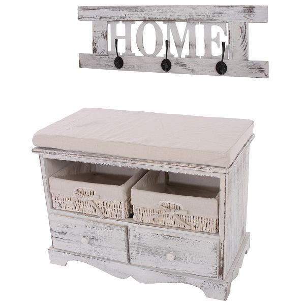 Armoire Mendler avec banc commode avec 2 paniers 42x62x33cm, look shabby, vintage, blanc, 30441