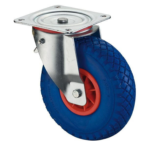 Rouleau de transport BS rollers avec frein, largeur 85 mm, Ø260 mm, jusqu'à 160 kg, pneus polyuréthane bleu, corps en plastique rouge, roulement à rouleaux, L420.D16.260