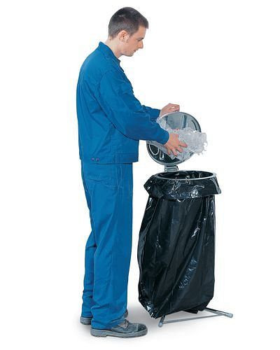 Support de sac poubelle autoportant DENIOS en acier, galvanisé, avec couvercle en plastique, 164-658