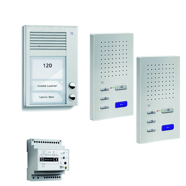 Système de commande de porte audio TCS : pack AP pour 2 unités résidentielles, avec poste extérieur PAK 2 boutons de sonnerie, 2x haut-parleur mains libres ISW3130, unité de contrôle BVS20, PSC2220-0000