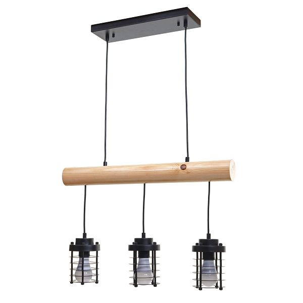 Suspension Mendler HWC-H83, lampe suspendue suspension, vintage industriel bois massif métal noir, 3 abat-jour cage, 74208