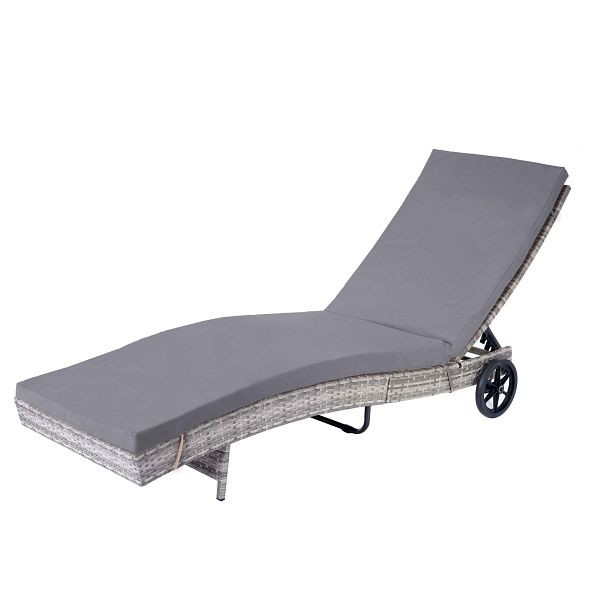 Chaise longue Mendler HWC-D80, chaise longue de jardin, chaise longue de relaxation, poly rotin, gris, coussins gris foncé, 64459
