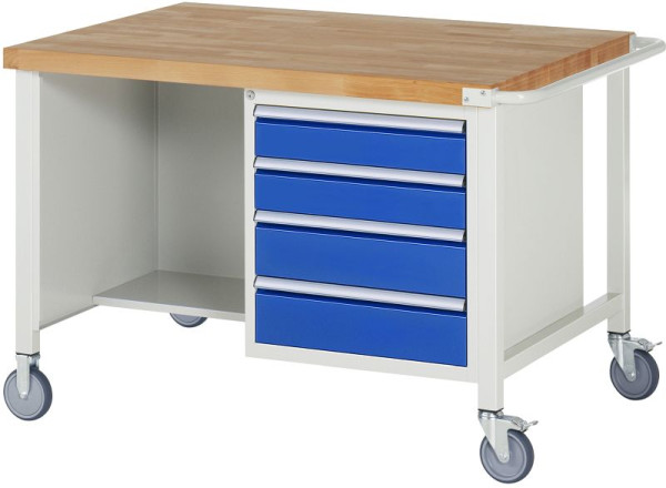 Etabli mobile RAU 8000 - modèle 8463, L1250xP900xH880-1080mm, conteneur double structure, gauche : étagère, droite : 2xH120, 2xH150mm, 05-8463A2-129B4H.11