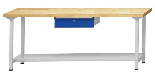 Table de travail ANKE; 2000x700 mm; RAL 7035/5010; 1xHängeschublade; 1x étagère de rangement en tôle d'acier de 500 mm de profondeur