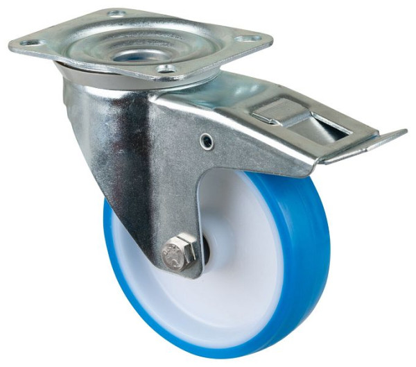 Rouleau de transport BS rollers avec frein, largeur 35 mm, Ø150 mm, jusqu'à 200 kg, polyuréthane bleu, corps en plastique, roulement à rouleaux, plateau, L420.B36.150