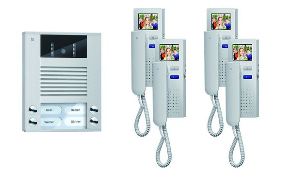 Vidéo de commande de porte TCS : pack AP pour 4 unités d'habitation, avec platine de rue AVE 4 boutons de sonnerie, 4x visiophone IVH3222, commande, PVE1540-0010