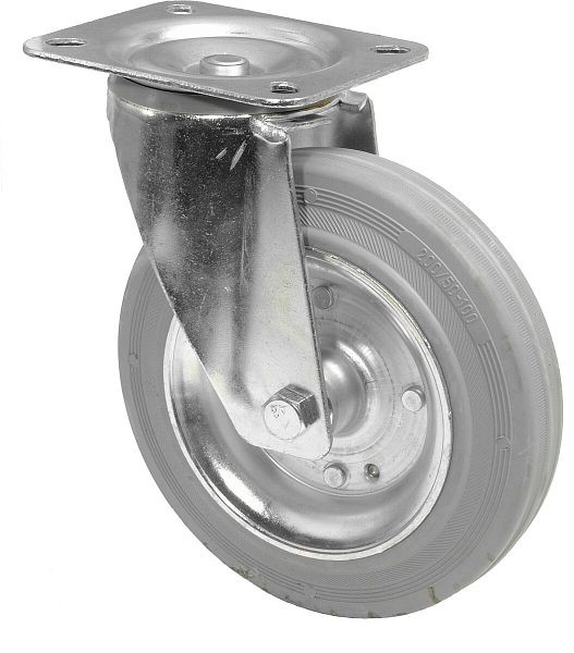 Rouleau de transport BS rollers, largeur de roue 50 mm, roue Ø 200 mm, capacité de charge 205 kg, bande de roulement en caoutchouc gris, jante en acier, roulement à rouleaux, platine, L400.B56.200