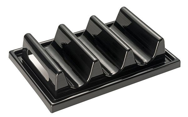 Présentoir snack APS - 3 auges, 29 x 19 cm, hauteur : 6,5 cm, polystyrène, noir, avec rainure à jus, avec poignée encastrée, 11887