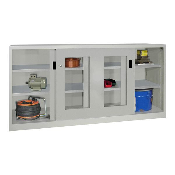 Armoire à portes coulissantes pour charges lourdes Pavoy 1000/2000/500, cloison centrale, 4 étagères thermolaquées ; portes vitrées; Serrure à cylindre à poussée rotative, 30330-200-591-303512