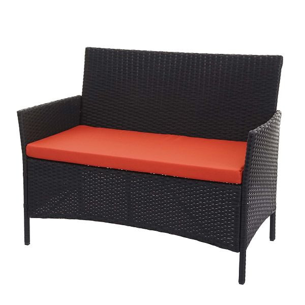 Banc de jardin en polyrotin Mendler Halden, banc, noir, coussins en terre cuite, 76333
