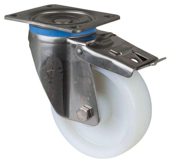 Roulettes pivotantes pour charges lourdes en acier inoxydable avec frein, acier inoxydable, roue en plastique, roulement lisse, plaque à visser 150 mm 450 kg, HS120.A90.151