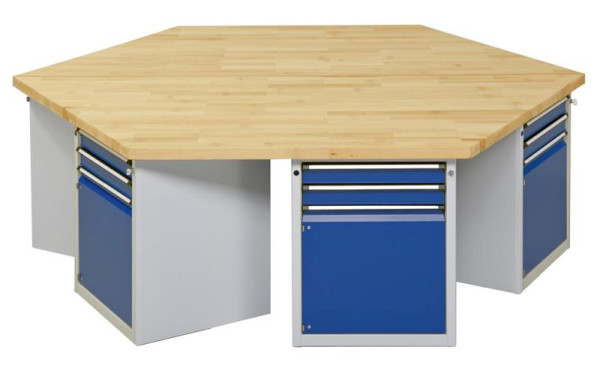 Établi de groupe hexagonal ANKE; 6 lieux de travail; 2340x2700 mm; RAL 7035/5010; Plateau en hêtre massif 50 mm; Longueur de bord 1350 mm, modèle 602 VG