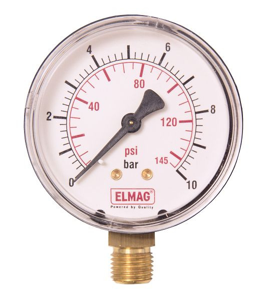 Manomètre ELMAG 0-10 bar, Ø 63 mm, Ø 1/4', filetage extérieur en bas, 42224