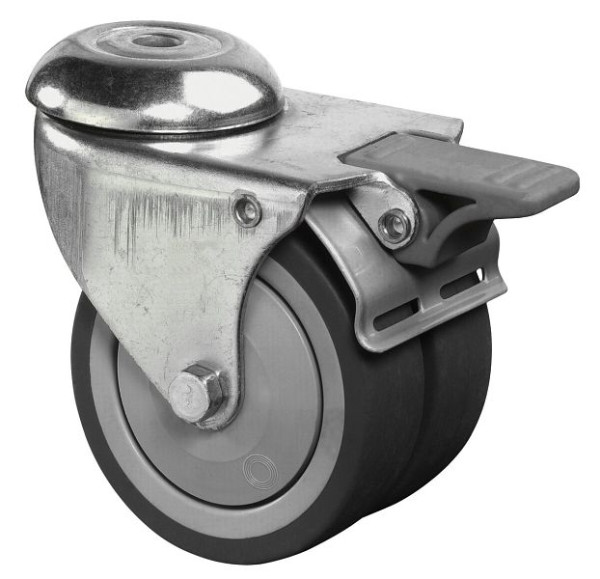 Appareil à rouleaux BS double rouleau avec frein, largeur 2x24 mm, Ø75 mm, jusqu'à 80 kg, bande de roulement en caoutchouc gris, roulement à billes, lot de 2, B121.A85.075