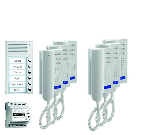 Système de contrôle de porte audio TCS : pack AP pour 6 unités résidentielles, avec poste extérieur PAK 6 boutons de sonnerie, 6x interphones ISH3030, unité de contrôle BVS20, PPA06-EN / 02