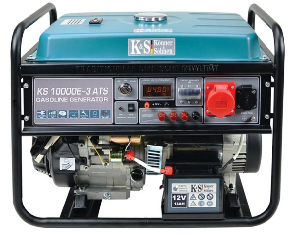 Könner & Söhnen Groupe électrogène essence à démarrage électrique 8 000 W, 1 x 16 A (230 V)/1 x 16 A (400 V), 12 V, système d'alimentation de secours automatique ATS, régulateur de tension, affichage, KS 10000E-3 ATS