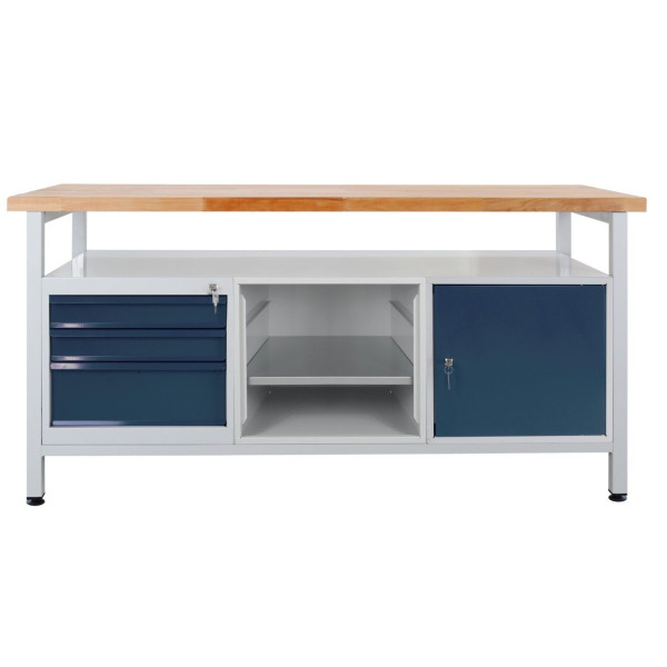 Etabli ADB 3 tiroirs, 1 partie étagère, 1 porte, étagère, 1700x600x840 mm, table de travail : gris clair, RAL 7035, porte/tiroirs : gris anthracite (RAL 7016), 43752