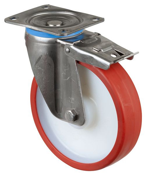 Roulettes pivotantes pour charges lourdes en acier inoxydable, acier inoxydable, avec frein, roue en polyuréthane rouge à palier lisse, plaque à visser 200 mm, HS120.B27.201