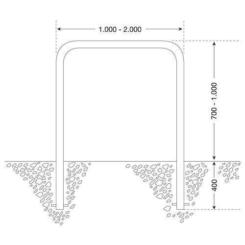 Support en acier inoxydable DENIOS, tube rond courbé, à encastrer dans le béton, hauteur hors sol 1000 mm, L 1500 mm, 310937