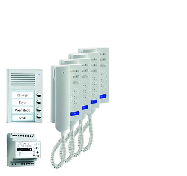 Système de contrôle de porte audio TCS : pack AP pour 4 unités résidentielles, avec poste extérieur PAK 4 boutons de sonnerie, 4x interphones ISH3030, unité de contrôle BVS20, PPA04-EN / 02