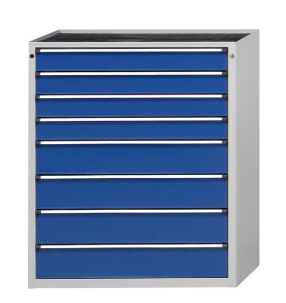 Armoire à outils ANKE; 1060 x 675 x 1280 mm; RAL 7035/5010; Baignoire avec tapis antidérapant; 8 tiroirs 120, 120, 120, 120, 180, 180, 180, 180 mm, 610.514