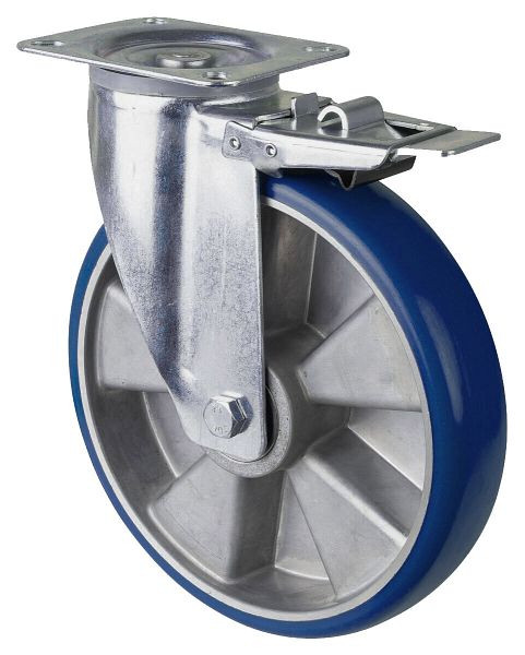 Roulettes BS roulette de transport roulette pivotante avec frein, roue polyuréthane jante aluminium 83 Shore, roulement à billes, platine, diamètre : 250 mm, L420.B92.250