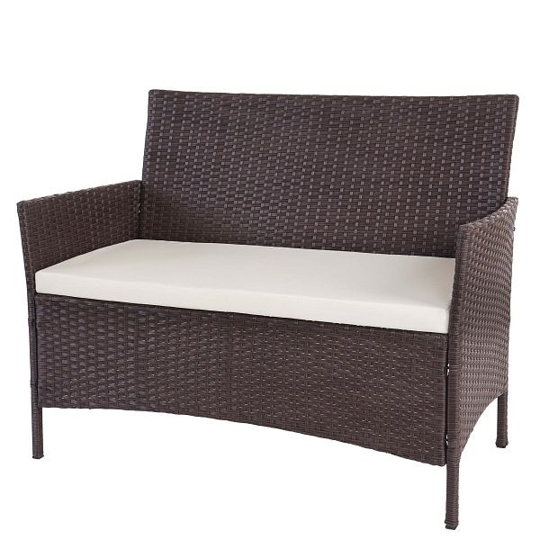 Banc de jardin en polyrotin Mendler Halden, banc, marron chiné, coussins crème, 52037