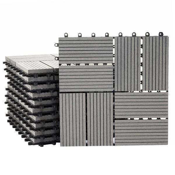 Carrelage de sol Mendler WPC Rhone, balcon/terrasse aspect bois, 11x chaque 30x30cm = 1m², Premium, carrés gris, 65110