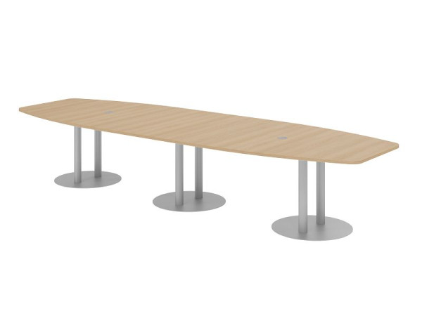 Table de conférence Hammerbacher KT40S, 400 x 130 cm, plateau : chêne, épaisseur 25 mm, avec trois pieds colonnes argentés, 7,6/70 cm, hauteur de travail 74 cm, VKT40S/E/S