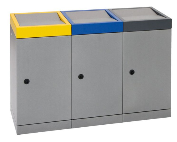 tri des déchets contondants ProTec-Plus, station triple, structure en aluminium gris/1003, 5010, 7016, conteneur intérieur galvanisé, 3x70 litres, 607-070-0-2-030