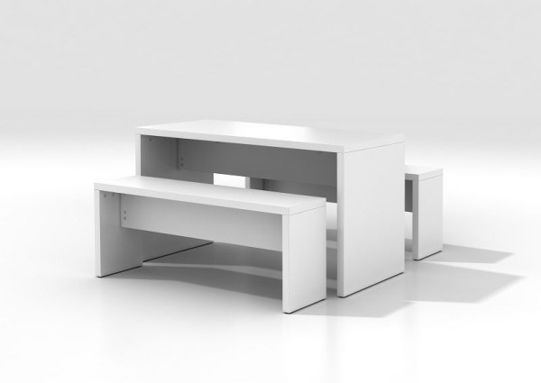Hammerbacher ensemble table de bistro + 2 bancs de bistro blanc, panneau de particules particulièrement léger, épaisseur 38 mm, VMPSET1/W