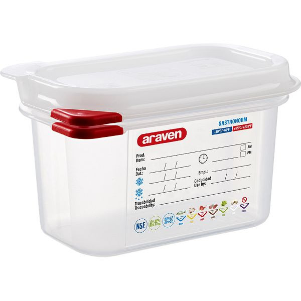 Araven Bac Gastronorm avec couvercle, polypropylène, GN 1/9 (100 mm), GN1519100
