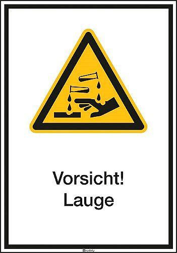 Panneau combiné DENIOS "Caution Lye", ISO 7010, aluminium, 130 x 185 mm, paquet de 10, 266756