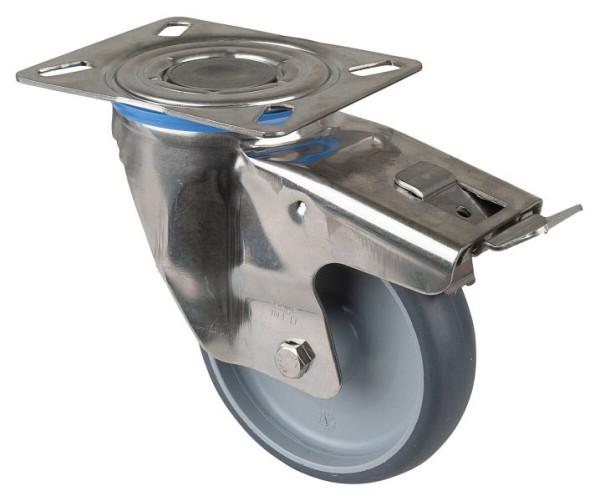 Rouleau de transport en inox avec frein, W35 mm, Ø125 mm, jusqu'à 125 kg, pneus thermoplastiques gris, palier lisse, plateau, H120.B43.126