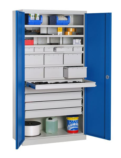 SOFAME meuble d'atelier équipé 1000x500x1950mm, 6 tiroirs + 6 tiroirs + 1 tiroir + 4 tiroirs + 6 étagères, bleu ciel, W030090030GCBI