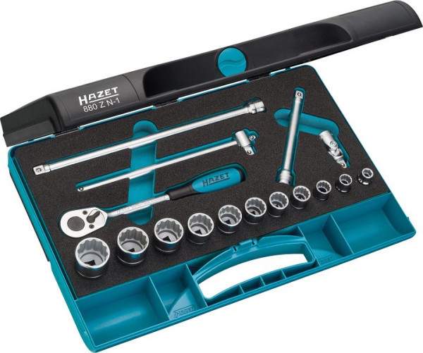 Jeu de clés à douilles Hazet, creuses 10 mm (3/8 pouce), profil de traction à double six pans externe, nombre d'outils : 16, 880ZN-1