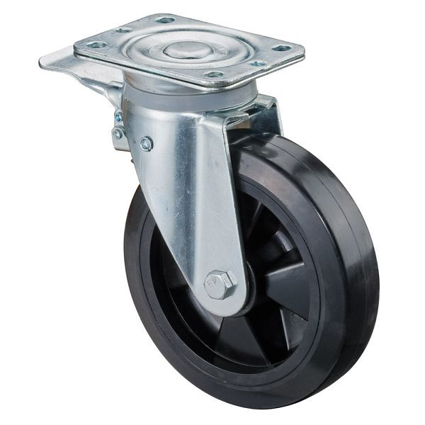 BS Rolls Roulette robuste avec frein, largeur 50 mm, Ø200 mm, jusqu'à 350 kg, bandages élastiques noirs, corps de roue en plastique, roulement à rouleaux, N120.B60.200